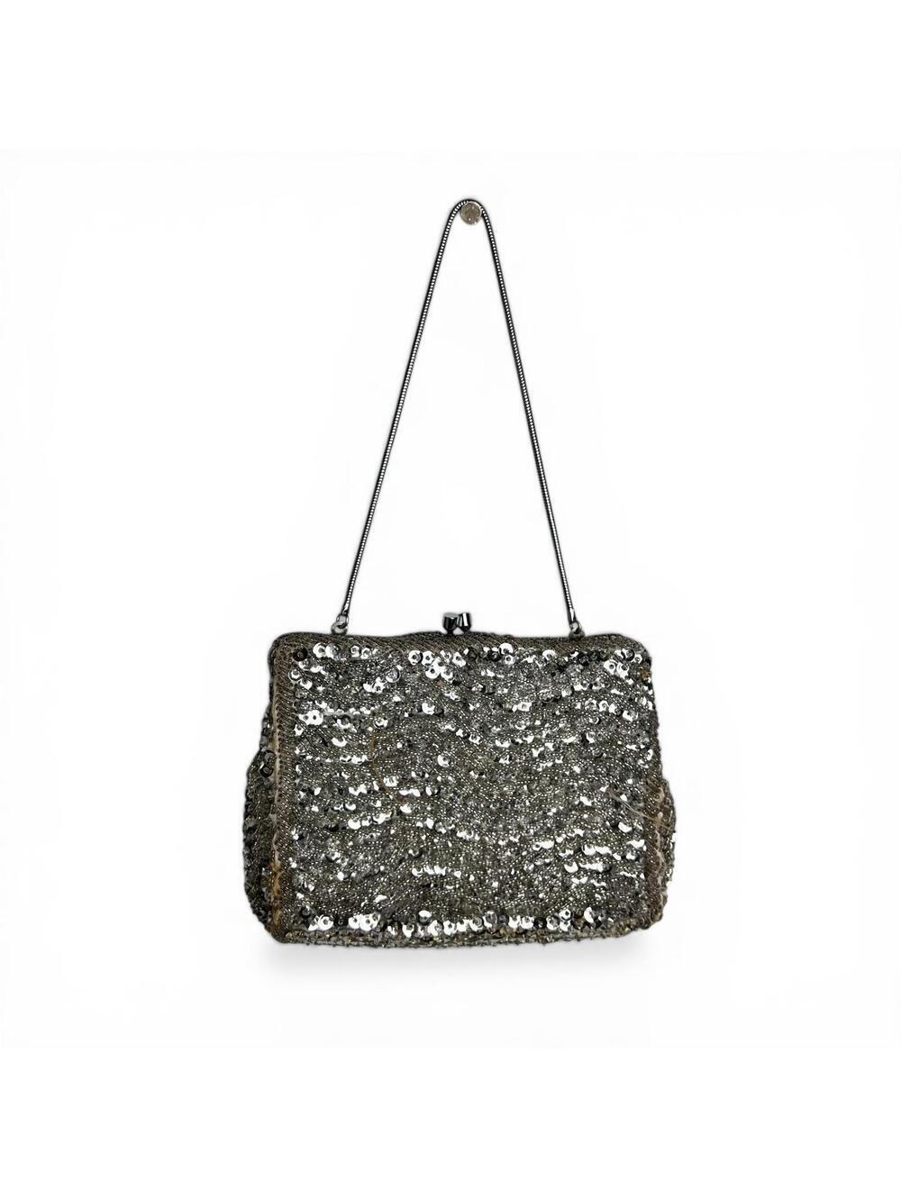 Vintage 60s Glam Silver Sequin Evening Bag with Chain Strap